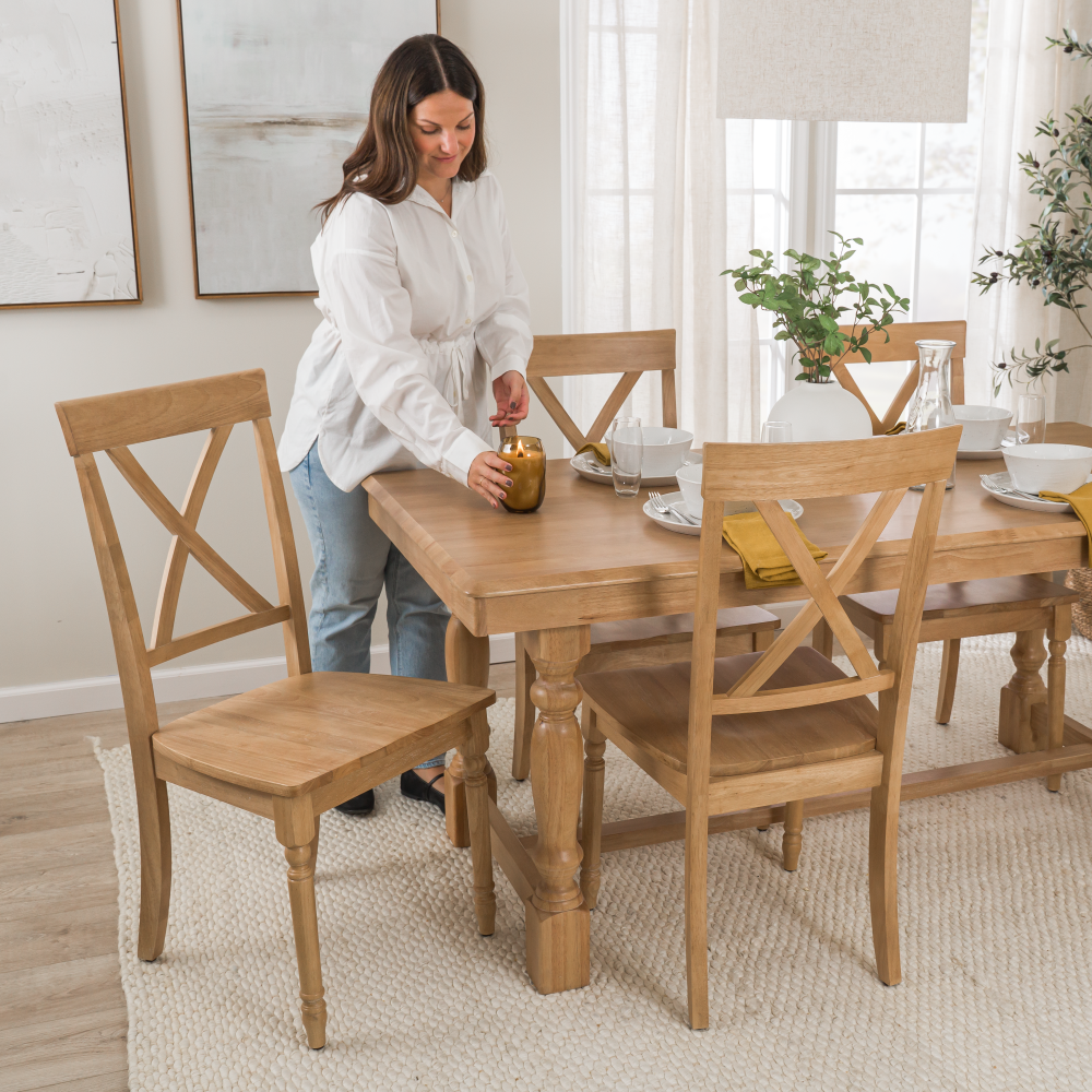 Shop Bush Furniture Sterling 67W Squire Trestle Dining Table with 6 Cross Back Dining Chairs, Image 03, STL001NHS, #color_natural honey brown