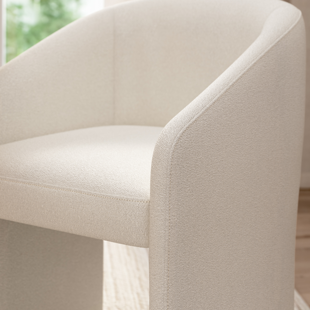 Shop Bush Home Camille Fluted Base 71W Dining Table with 6 Upholstered Barrel Dining Chairs, Image 05, CML012NB, #color_natural birch/light cream fabric