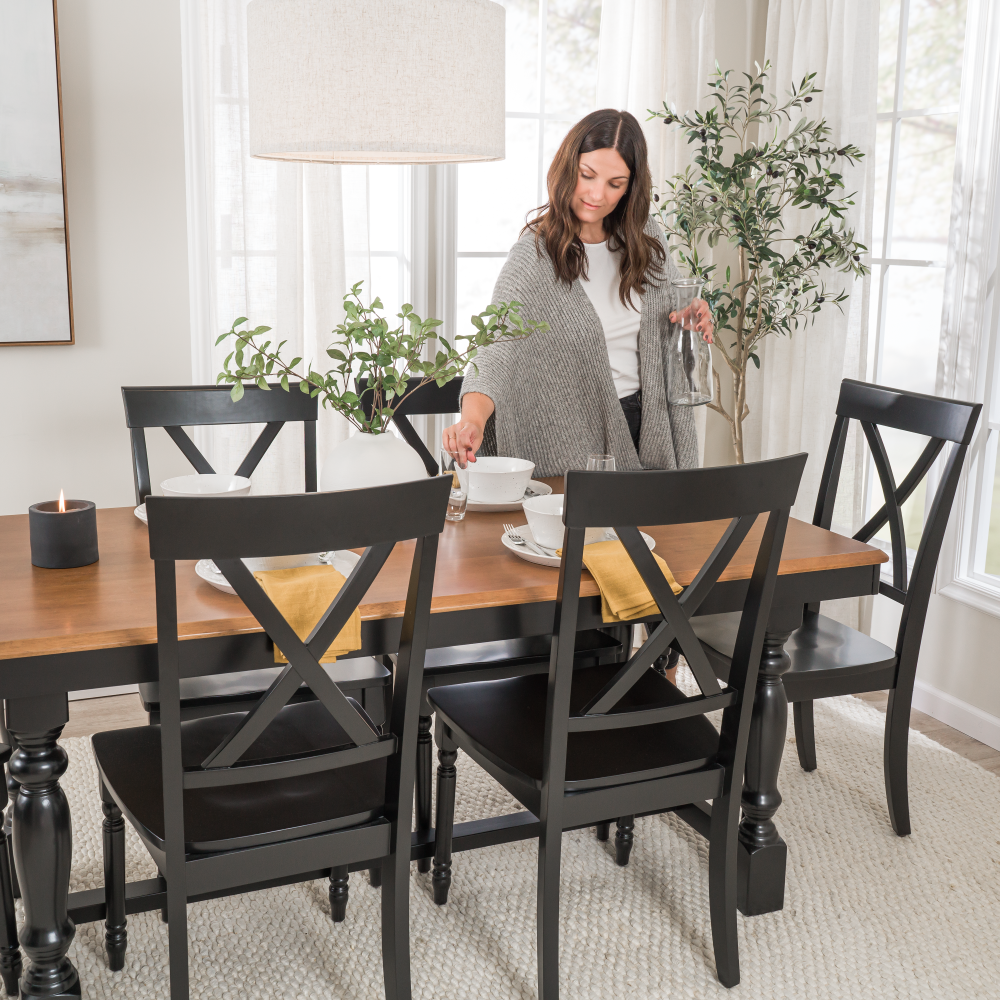 Shop Bush Furniture Sterling 67W Squire Trestle Dining Table with 6 Cross Back Dining Chairs, Image 03, STL001BMB, #color_burnished medium brown/black paint